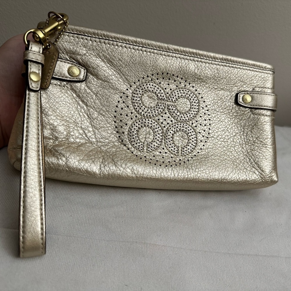 Coach-Pale Metallic Gold Laser etched Logo Clutch Wristlet